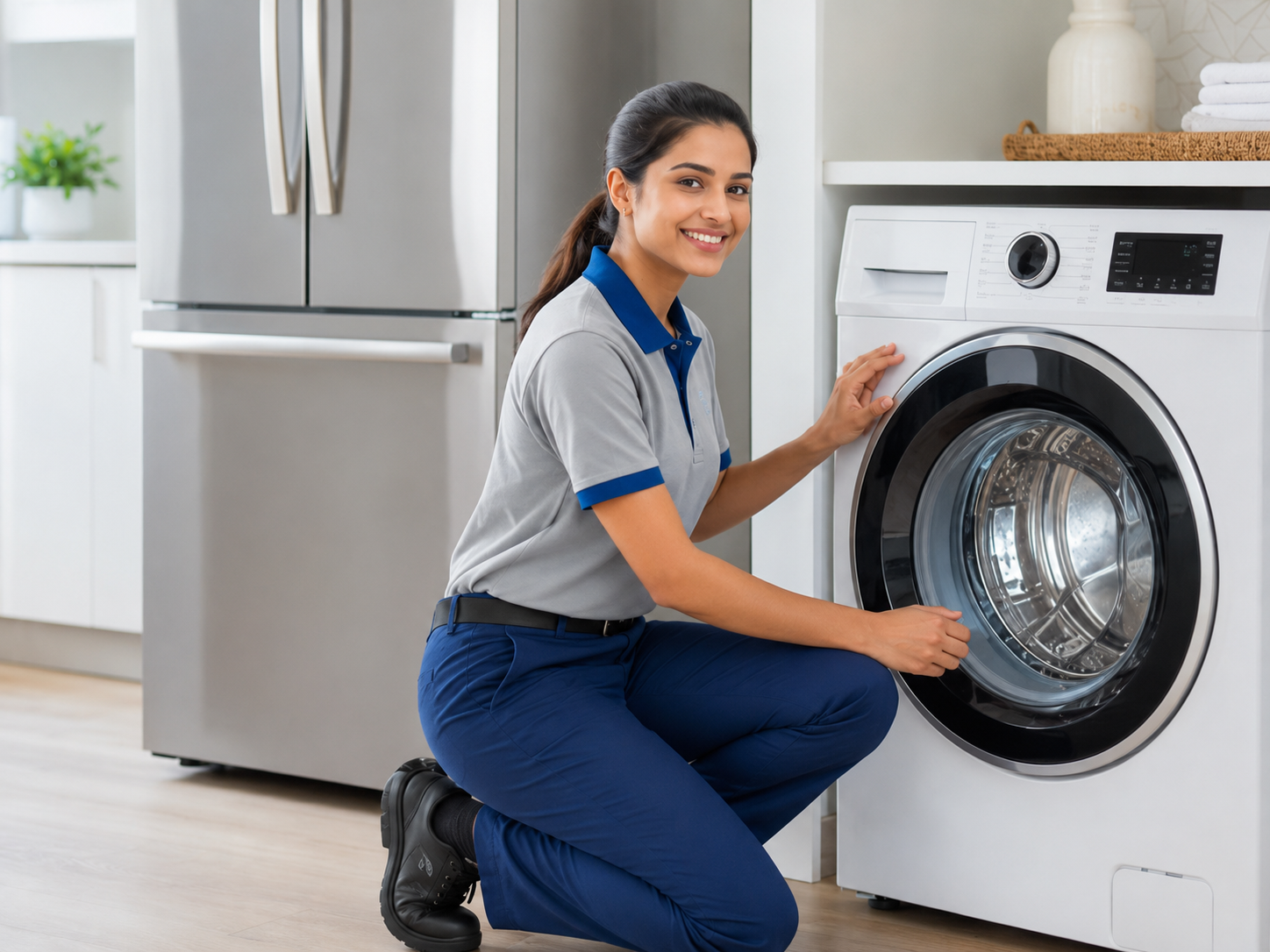 Technician carefully inspecting a home appliance